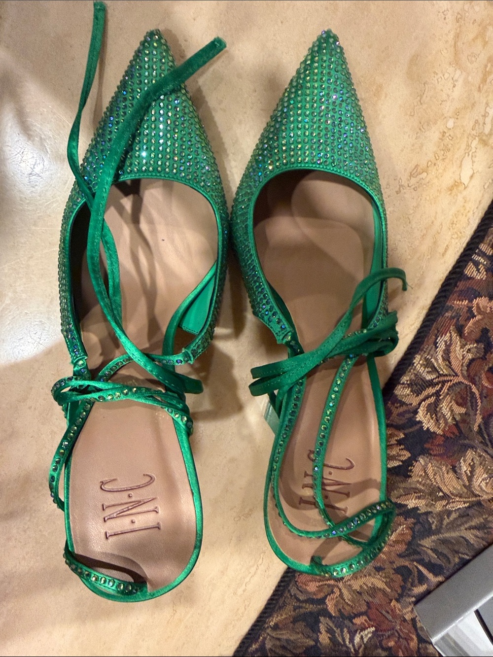 INC International Concepts Green Rhinestone Lace-Up Pointed stilettos